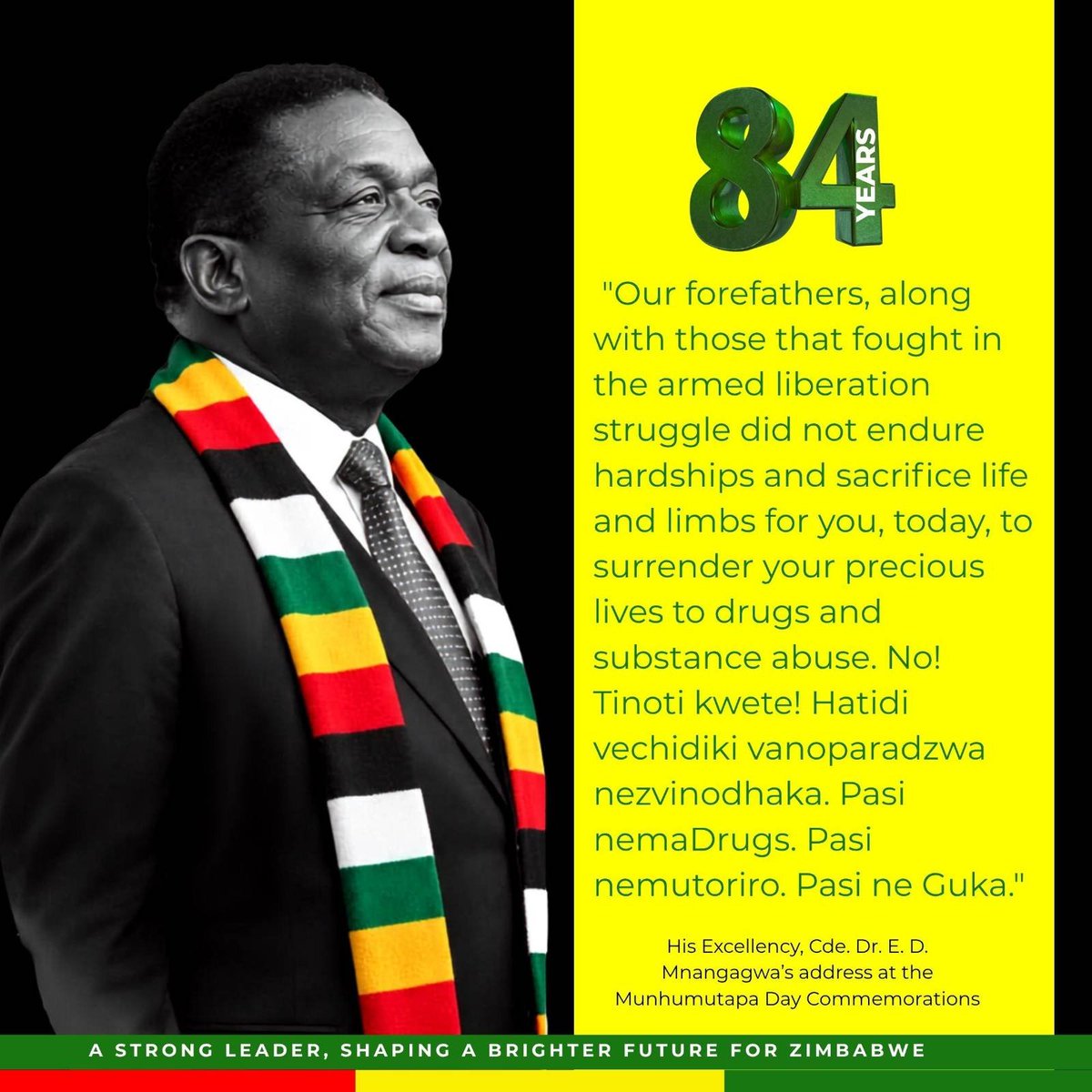 Mai_Vadikondo's tweet photo. At the Munhumutapa Day commemorations, President Mnangagwa urged young people to reject drugs and substance abuse and instead pursue education, skills, productive work and purposeful lives.
#EDat84 #MunhumutapaDay https://t.co/LOReMqh4TE