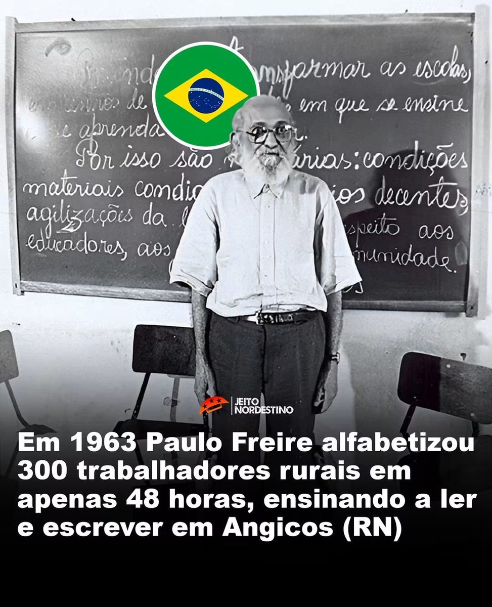 oldbagbrown's tweet photo. A raiva que a extrema direita nutre pelo Paulo Freire se dá porque na época em que os analfabetos não tinha direito a voto, Paulo Freire alfabetizou 300 trabalhadores rurais em 48h. O feito é tão grandioso que Paulo Freire é referencia em vaeias universidades no mundo. https://t.co/v7MFjLJN4A