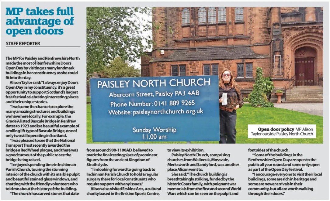 Alison_S_Taylor's tweet photo. In this weeks #PaisleyDailyExpress talking about #PaisleyRenfrewshireNorth opening its doors and welcoming in the public free of charge. 
What a great opportunity it was to see inside the many institutions, public spaces, creative spaces, gardens, landmarks, historic sites, churches & of course the beautiful cathedral. 

Looking forward to Open Doors 2027 already !
