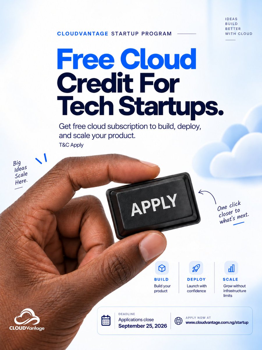 cloudvantage_ng's tweet photo. Get free cloud subscription to build, deploy, and scale your product.

Applications close September 25, 2026. T&amp;C Apply

Apply for Credit.

https://t.co/qYbFDsrac7

#CloudVantage #StartupProgram #AfricanStartups #TechStartups #CloudComputing #StartupFounders #BuildInAfrica https://t.co/dOTTWNGpaq