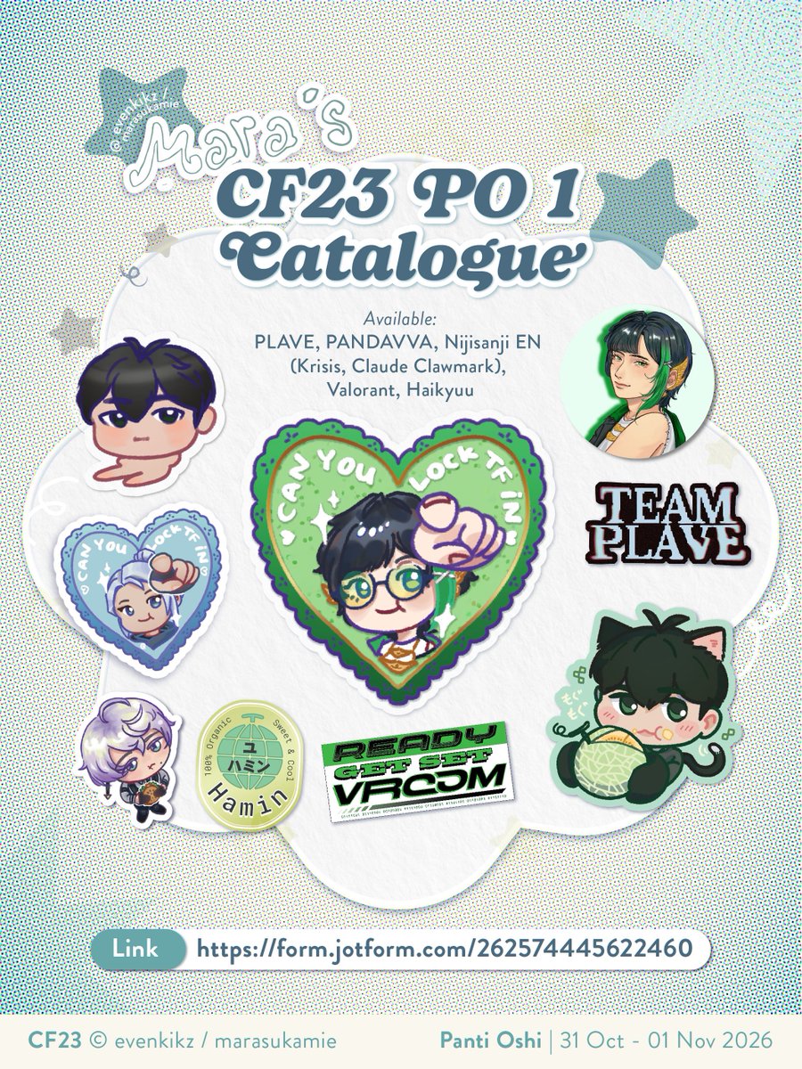 evenkikz's tweet photo. [🤍 &amp; 🔗 appreciated!]

Mara's #CF23 catalogue is here ☆
i will put the PO link below  ᓚᘏᗢ

🏢 panti oshi | both days
⏱️ PO period: 16 - 27 Sept '26
🛒 pickup &amp; mail order
👼🏻 plave, pandavva, valorant, niji en, haikyuu

#comifuro23 #comifuro24catalogue https://t.co/mUyImTu764