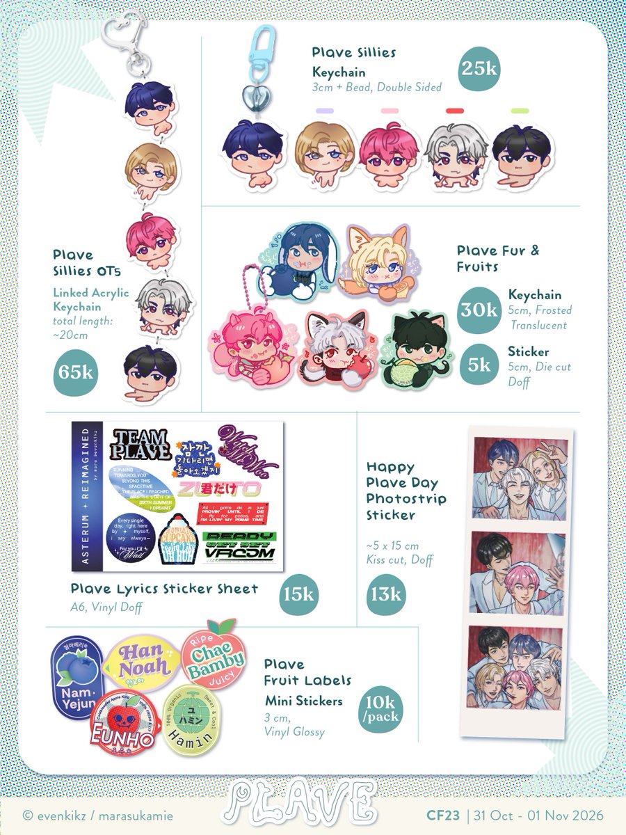 evenkikz's tweet photo. [🤍 &amp; 🔗 appreciated!]

Mara's #CF23 catalogue is here ☆
i will put the PO link below  ᓚᘏᗢ

🏢 panti oshi | both days
⏱️ PO period: 16 - 27 Sept '26
🛒 pickup &amp; mail order
👼🏻 plave, pandavva, valorant, niji en, haikyuu

#comifuro23 #comifuro24catalogue https://t.co/mUyImTu764