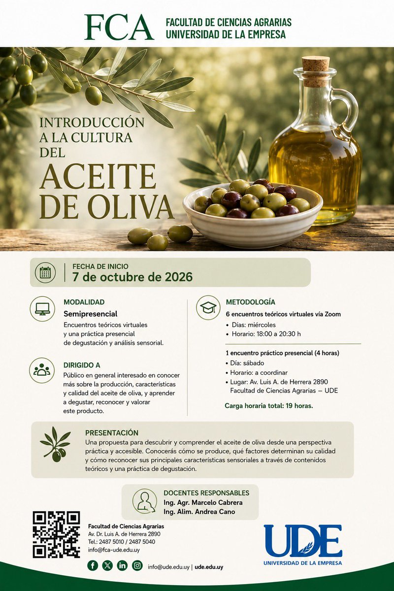 UDEPunta's tweet photo. 🫒 Introducción a la Cultura del Aceite de Oliva

🌿 Conocé su producción, calidad y características sensoriales, con contenidos teóricos y práctica presencial de degustación.

📅 7 de octubre de 2026
💻 Modalidad semipresencial
📚 19 horas
📩 udepunta@ude.edu.uy https://t.co/pXkhkBIGCJ