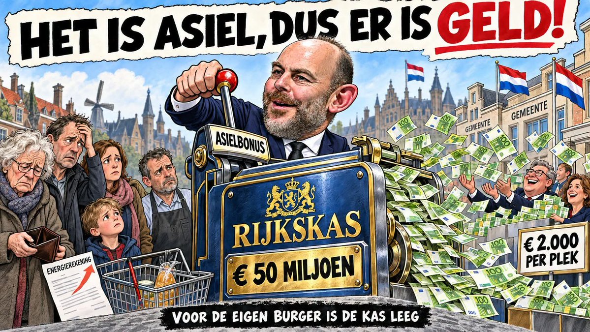WimdenOudsten's tweet photo. 𝐇𝐄𝐓 𝐈𝐒 𝐀𝐒𝐈𝐄𝐋, 𝐃𝐔𝐒 𝐏𝐋𝐎𝐓𝐒𝐄𝐋𝐈𝐍𝐆 𝐈𝐒 𝐄𝐑 𝐖𝐄́𝐋 𝐆𝐄𝐋𝐃

Wat een wonderbaarlijke geldmachine staat er toch in Den Haag. Voor lagere energierekeningen is geen ruimte. Voor betaalbare boodschappen is het allemaal ingewikkeld. Voor fatsoenlijke ouderenzorg ontbreken de middelen. Wie zijn pensioen, huur of zorgpremie nauwelijks meer kan betalen, krijgt het gebruikelijke Haagse advies: nog even de broekriem aanhalen.

𝐌𝐚𝐚𝐫 𝐳𝐨𝐝𝐫𝐚 𝐡𝐞𝐭 𝐰𝐨𝐨𝐫𝐝 𝐚𝐬𝐢𝐞𝐥 𝐯𝐚𝐥𝐭, 𝐛𝐞𝐠𝐢𝐧𝐭 𝐝𝐞 𝐬𝐭𝐚𝐚𝐭𝐬𝐤𝐚𝐬 𝐬𝐩𝐨𝐧𝐭𝐚𝐚𝐧 𝐠𝐞𝐥𝐝 𝐭𝐞 𝐬𝐩𝐮𝐠𝐞𝐧.

Het kabinet trekt maar liefst 50 miljoen euro uit voor een “asielbonus” aan gemeenten en provincies die extra opvangplekken regelen. Inderdaad: een bonus. Alsof gemeenten meedoen aan een televisiequiz en bij iedere extra opvangplek een bedrag uit de prijzenpot mogen pakken.

Minder dan honderd extra plekken? Duizend euro per plaats. Minstens honderd langdurige plekken? Tweeduizend euro per stuk. Een gemeente die tweehonderd extra plaatsen aanbiedt, kan volgens de regeling vier ton ontvangen. De burger hoeft alleen nog maar even vriendelijk te glimlachen wanneer de rekening op zijn deurmat valt.

𝑯𝒆𝒕 𝒉𝒆𝒆𝒕 𝒏𝒂𝒕𝒖𝒖𝒓𝒍𝒊𝒋𝒌 𝒈𝒆𝒆𝒏 𝒐𝒎𝒌𝒐𝒑𝒊𝒏𝒈. 𝑵𝒆𝒆, 𝒊𝒏 𝒃𝒆𝒔𝒕𝒖𝒖𝒓𝒍𝒊𝒋𝒌 𝑫𝒆𝒏 𝑯𝒂𝒂𝒈 𝒉𝒆𝒆𝒕 𝒅𝒊𝒕 𝒆𝒆𝒏 “𝒇𝒊𝒏𝒂𝒏𝒄𝒊𝒆𝒍𝒆 𝒓𝒆𝒈𝒆𝒍𝒊𝒏𝒈 𝒕𝒆𝒓 𝒐𝒏𝒅𝒆𝒓𝒔𝒕𝒆𝒖𝒏𝒊𝒏𝒈 𝒗𝒂𝒏 𝒅𝒖𝒖𝒓𝒛𝒂𝒎𝒆 𝒐𝒑𝒗𝒂𝒏𝒈𝒄𝒂𝒑𝒂𝒄𝒊𝒕𝒆𝒊𝒕”. 𝑴𝒆𝒕 𝒈𝒆𝒏𝒐𝒆𝒈 𝒂𝒎𝒃𝒕𝒆𝒍𝒊𝒋𝒌𝒆 𝒘𝒐𝒐𝒓𝒅𝒆𝒏 𝒌𝒖𝒏 𝒋𝒆 𝒛𝒆𝒍𝒇𝒔 𝒉𝒆𝒕 𝒖𝒊𝒕𝒅𝒆𝒍𝒆𝒏 𝒗𝒂𝒏 𝒃𝒆𝒍𝒂𝒔𝒕𝒊𝒏𝒈𝒈𝒆𝒍𝒅 𝒍𝒂𝒕𝒆𝒏 𝒌𝒍𝒊𝒏𝒌𝒆𝒏 𝒂𝒍𝒔 𝒉𝒐𝒈𝒆𝒓𝒆 𝒘𝒊𝒔𝒌𝒖𝒏𝒅𝒆.

Ondertussen moeten meer dan een miljoen mensen in Nederland ieder dubbeltje omdraaien. Gezinnen bezuinigen op eten, ouderen zetten de verwarming lager en werkenden ontdekken dat een salaris allang geen garantie meer is tegen financiële zorgen. Maar laat dat vooral de asielpret niet drukken.

Voor hen bestaat geen bonus van tweeduizend euro. Geen premie omdat zij al jarenlang belasting betalen. Geen beloning voor de mantelzorger, de kleine ondernemer of de verpleegkundige. Zij mogen het geld alleen opbrengen.

Dan durft het kabinet gemeenten ook nog op te roepen “solidair” te zijn. In Den Haag betekent solidariteit kennelijk dat de bevolking betaalt, de gemeente uitvoert en het kabinet zichzelf moreel op de borst klopt. Wie bezwaar maakt, wordt weggezet als harteloos. Wie vraagt wat het kost, zou de menselijke maat missen.

Maar echte solidariteit begint bij eerlijkheid. Vertel burgers hoeveel de volledige asielopvang, huisvesting, zorg, begeleiding en integratie werkelijk kosten. Leg uit waarom voor die rekening telkens nieuwe miljoenen worden gevonden, terwijl Nederlanders die hun hele leven hebben gewerkt worden afgescheept met koopkrachtplaatjes, toeslagen en loze beloften.

Het kabinet koopt met deze bonus geen solidariteit. Het koopt bestuurlijke gehoorzaamheid met geld dat eerst bij de burger is weggehaald.

De Haagse boodschap is opnieuw glashelder: zit u in de kou, kunt u de boodschappen nauwelijks betalen of wacht u eindeloos op zorg? Helaas, de begroting laat het niet toe.

𝐌𝐚𝐚𝐫 𝐢𝐬 𝐡𝐞𝐭 𝐚𝐬𝐢𝐞𝐥? 𝐃𝐚𝐧 𝐛𝐥𝐢𝐣𝐤𝐭 𝐝𝐞 𝐠𝐞𝐥𝐝𝐛𝐨𝐨𝐦 𝐢𝐧𝐞𝐞𝐧𝐬 𝐯𝐨𝐥𝐨𝐩 𝐢𝐧 𝐛𝐥𝐨𝐞𝐢 𝐭𝐞 𝐬𝐭𝐚𝐚𝐧.

Bron: NieuwRechts, “Kabinet trekt 50 miljoen euro uit voor ‘asielbonus’ voor gemeenten die extra opvang regelen”, 16 september 2026.
