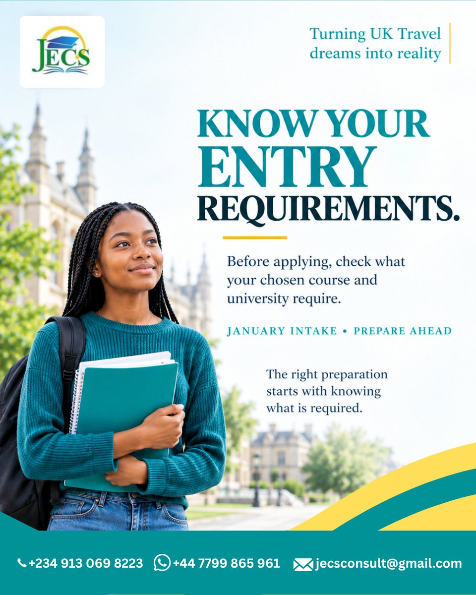 jimmypasltd's tweet photo. Before you apply, make sure you know what your chosen university and course require.
Entry requirements can vary by course and university.
January Intake is ahead. Prepare with clarity. π¬π§π
#jimmypas #januaryintake #ukstudy #studyintheuk #ukuniversities https://t.co/TGPWcbaDlI