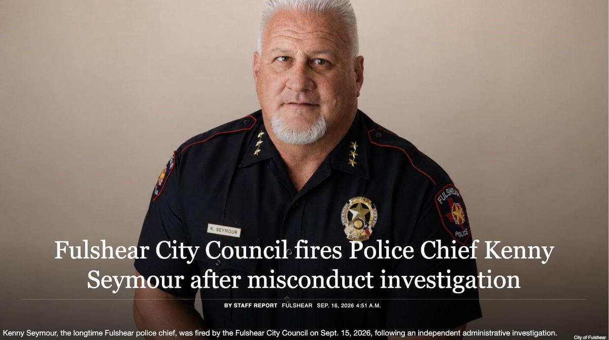 coveringkaty's tweet photo. There’s more to the firing of Fulshear Police Chief Kenny Seymour than what happened Tuesday night.

Covering Katy went back through earlier council meetings and city records to put the pieces together — what the investigation found, Seymour’s defense, what council heard weeks earlier and why the normally private personnel proceeding unfolded in public.

Read our in-depth report on https://t.co/9WRgFkqpoD.