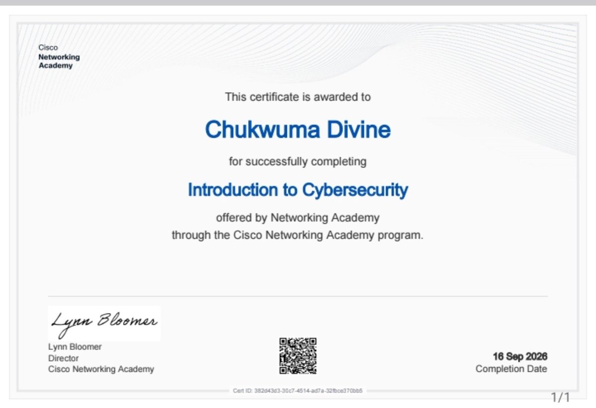 httpschuks's tweet photo. Just completed the Cisco Networking Academy – Introduction to Cybersecurity course 🛡️🎓
Another step forward in my cybersecurity journey.
Learning → Practicing → Documenting → Improving.
And we’re still going. 🚀 https://t.co/u0nbuOS4Ao