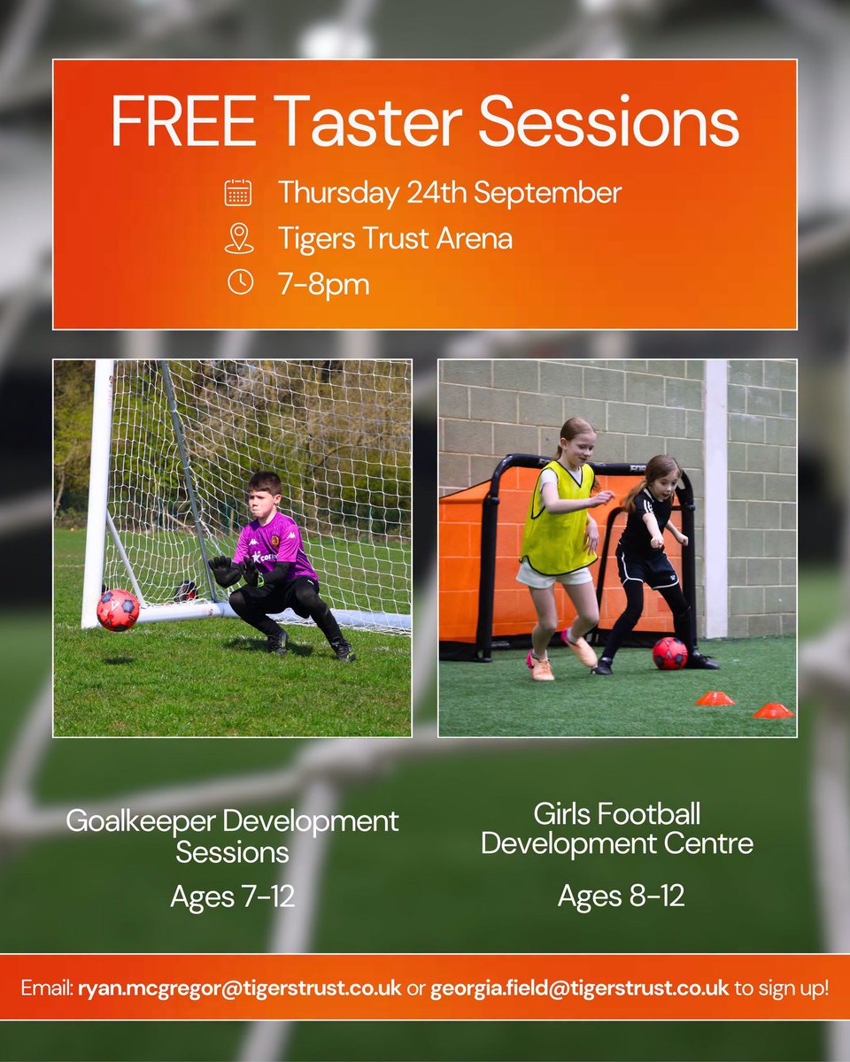 tigerstrust's tweet photo. We're thrilled to be launching two FREE taster sessions next Thursday, giving young players the perfect opportunity to develop their skills &amp; build confidence! 🙌

Learn more and book today by emailing: ryan.mcgregor@tigerstrust.co.uk or georgia.field@tigerstrust.co.uk

#hcafc https://t.co/5XUnZqtVZO