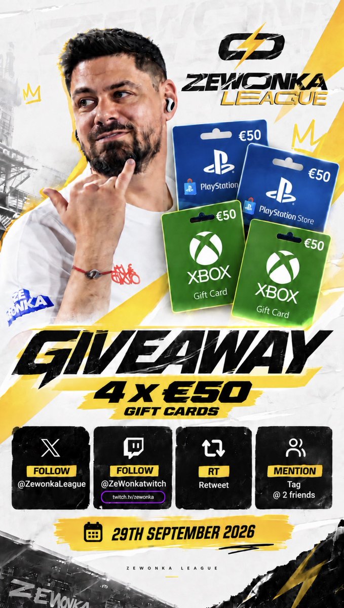 ZewonkaLeague's tweet photo. 🎁 ZEWONKA LEAGUE GIVEAWAY! 

💰To celebrate the launch of @EASPORTSFC FC27 & ZeWonka League, we’re giving away 4x €50 Gift Cards! 

🔵 2x @PlayStation €50 
🟢 2x @XBOX  €50

HOW TO ENTER: 
🐦 Follow @ZewonkaLeague @ZeWonkatwitch 
🟣 Follow @Zewonkatwitch on @Twitch 
🔁 Retweet this post 
👥 Tag 2 friends in the comments

📅 Winners announced live on stream: 29th September 2026

📲 https://t.co/AP09PaLLLe

#FC27 #EAFC27 #ProClubs #Giveaway #ZeWonkaLeague #Clubs #Giftcard #Esports