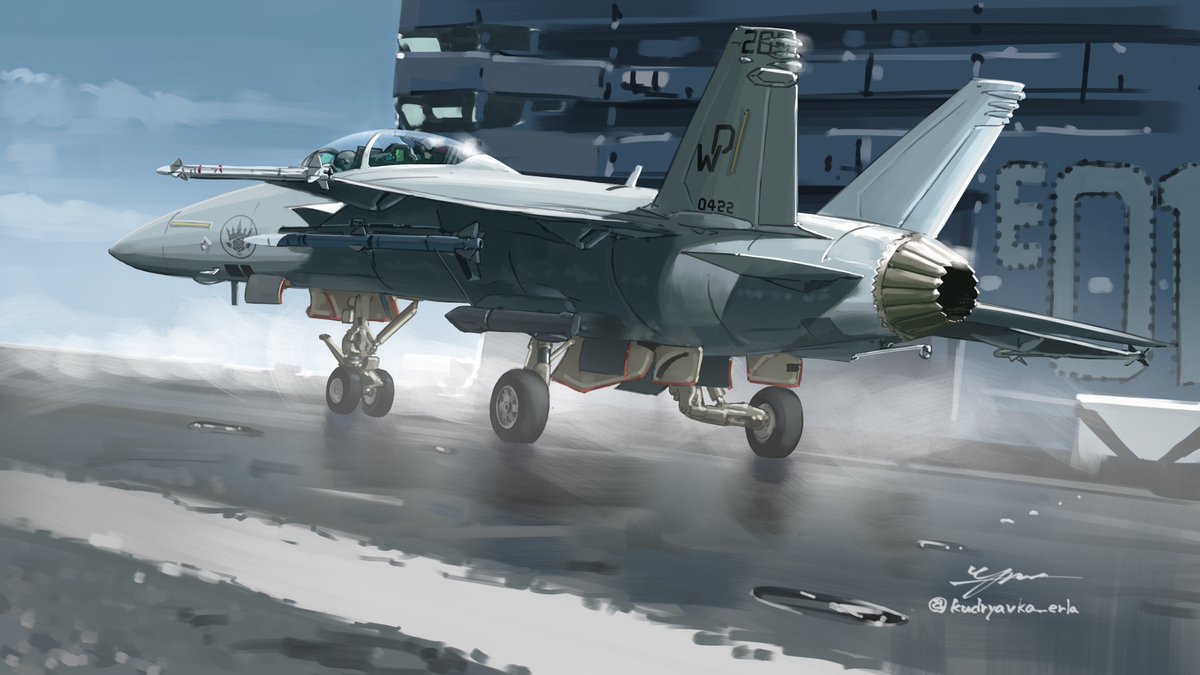 _kudryavka_erla's tweet photo. 新作です！ご依頼でF/A-18ベースのF-135単発の艦上戦闘機を描かせていただきました。ニミッツ級の艦上で発艦準備をしている場面です。thanks！ https://t.co/ueZCXTA6oI