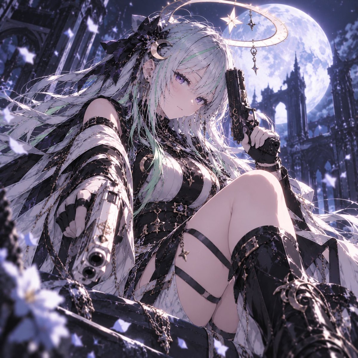 Ry0Ty4M's tweet photo. 🌙 セレナ

銀髪に緑のメッシュ、紫の瞳を持つ女性。月と夜を象徴するヘイローを宿し、静かで穏やかな佇まいの中に強い意志を秘めている。黒・白・金を基調とした専用衣装を纏い、白と黒の二丁拳銃を操る。月光のような静けさと神秘性を纏いながら、確かな存在感を放つ。 https://t.co/mIS9ABxUDK
