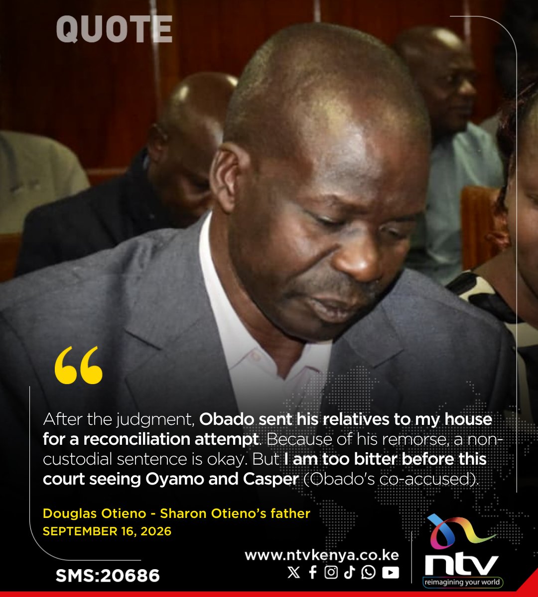 ntvkenya's tweet photo. Sharon Otieno's father Douglas Otieno to judge: After the judgment, Obado sent his relatives to my house for a reconciliation attempt. Because of his remorse, a non-custodial sentence is okay. But I am too bitter before this court seeing Oyamo and Casper (Obado's co-accused). https://t.co/x2wtYWJnqv