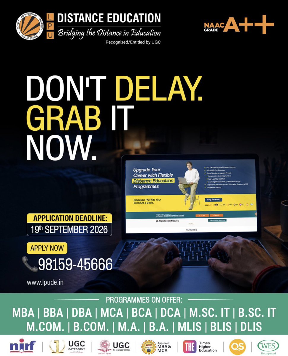 NLCIINSTITUTE's tweet photo. 🎓 Don’t delay your goals—start your journey today!
Upgrade your skills with LPU Distance Education and choose a programme that fits your schedule. 📚✨
📅 Application Deadline: 19 September 2026
📞 98159-45666
👉 Apply Now!
#LPUDistanceEducation #DistanceLearning #ApplyNow https://t.co/gFURMuh6xB