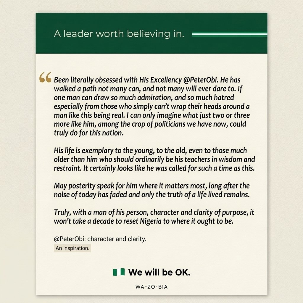 justushenricus's tweet photo. @MichaelAbiodun_ @firstladyship It certainly appears like he was called for such a time as this @PeterObi 🇳🇬✌️ https://t.co/vgzKPKaPl3