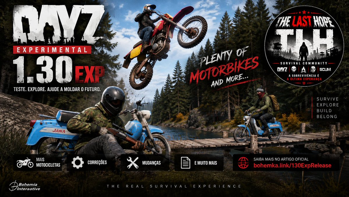 tlhsurvival's tweet photo. 🏍️ DayZ Experimental 1.30 já está disponível no PC!
Motocicletas, correções, mudanças e outras novidades estão prontas para os Survivors testarem. 🧪
Confira os detalhes oficiais:
Update 1.30 Experimental
https://t.co/w9qN3A3YfP
#DayZ #DayZ130 #TheLastHope https://t.co/YZalAK4Lp1