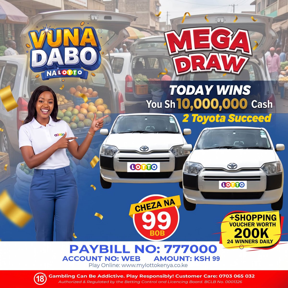 mylottokenya's tweet photo. MEGA DRAW NI LEO! 📷

Leo unaweza anza na KSh 99 TU uingie kwenye draw ya kushinda KSh 10,000,000 CASH + 2 Brand new Toyota Succeeds

Na bado kuna 24 Shopping Voucher worth KSh 200K up for grabs! 📷

Cheza na KSh 99
Paybill: 777000
Account: WEB https://t.co/3ApKk9Dar9