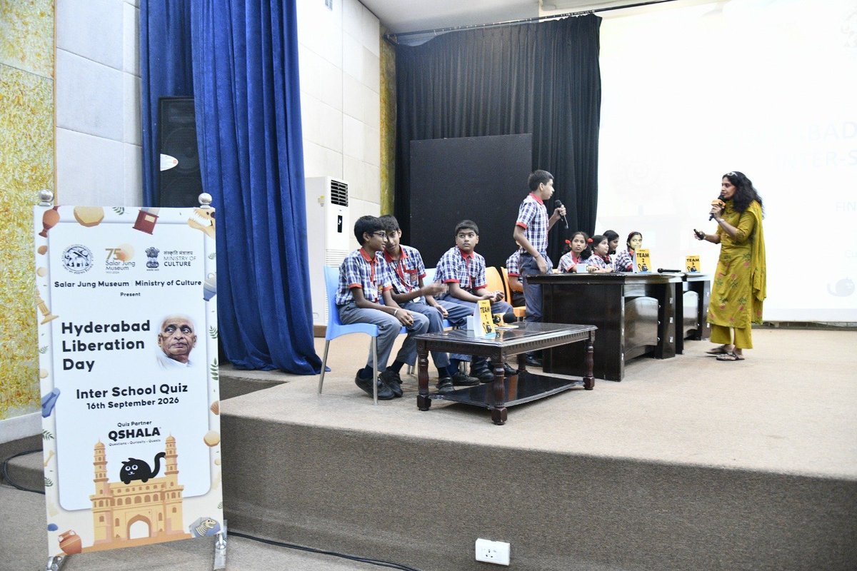 sjmhyd's tweet photo. Salar Jung Museum hosted an inter-school quiz on the History of Hyderabad under the aegis of the Ministry of Culture.
Focused on the Hyderabad Liberation Movement, the heritage event brought together over 150 students from nearly 25 schools to showcase their knowledge!
#SJM75 https://t.co/OS9fAheXYT