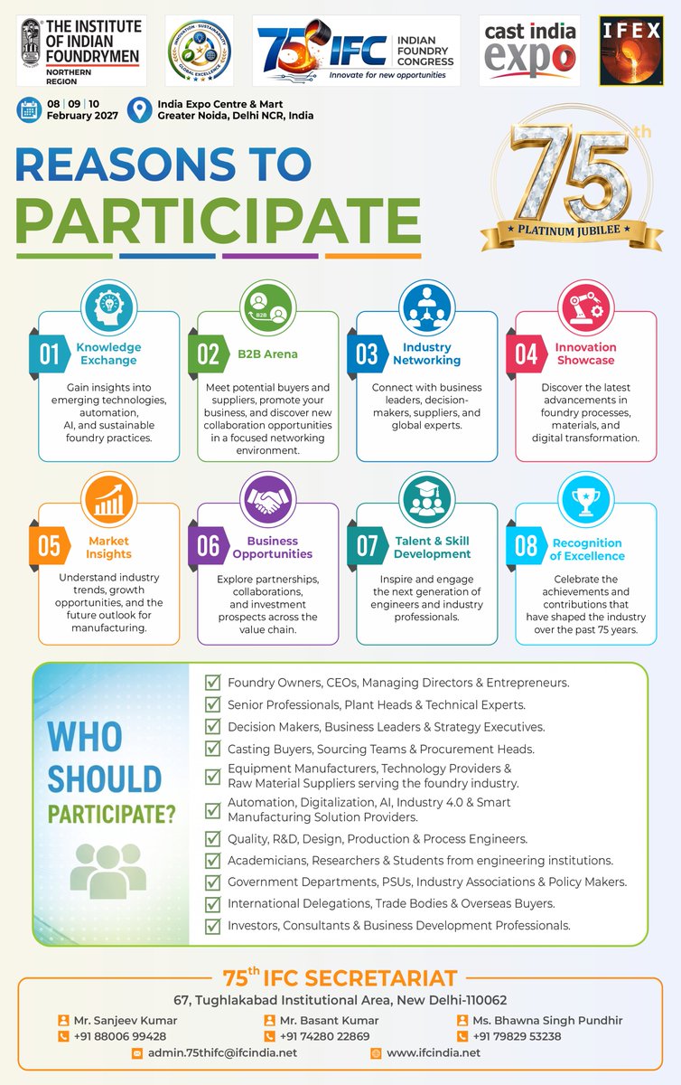 75thIFC's tweet photo. 8 reasons to join #75thIFC: Knowledge • B2B • Networking • Innovation • Market Insights • Business Opportunities • Skills • Recognition. Meet the foundry ecosystem at Greater Noida, 8–10 Feb 2027. 

#IFEX2027 #IIF #B2B #Networking https://t.co/7LFLgI9TgN
