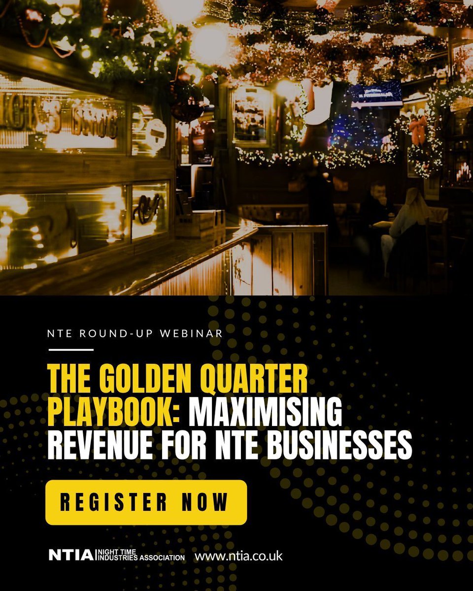MickKill's tweet photo. The Golden Quarter is make-or-break for nightlife trading. Are you ready to maximise it?

The final quarter of the year carries huge trading weight for night-time economy businesses, with Halloween, Christmas and New Year’s Eve presenting major opportunities, but competition for consumer spend is tougher than ever.

Join us for the next NTIA NTE Round-Up: The Golden Quarter Playbook – Maximising Revenue for NTE Businesses.

📅 Monday 12 October
⏰ 4pm BST
💻 Online | FREE to attend

We’ll be bringing together sector experts to explore:
*What’s actually driving revenue this Golden Quarter?
*How venues are rethinking Halloween, Christmas & NYE offers
*Pricing, packaging and event strategies that are delivering results
*Operational and policy pressures that could impact Q4 trading

This is about sharing practical ideas and insight to help businesses make the most of the most important trading period of the year.

Bring your questions, we’ll be putting the best of them to the panel live.
Can’t join us live? Register anyway and we’ll send you the recording.

Secure your FREE place via the link: https://t.co/qJeQp7f97H