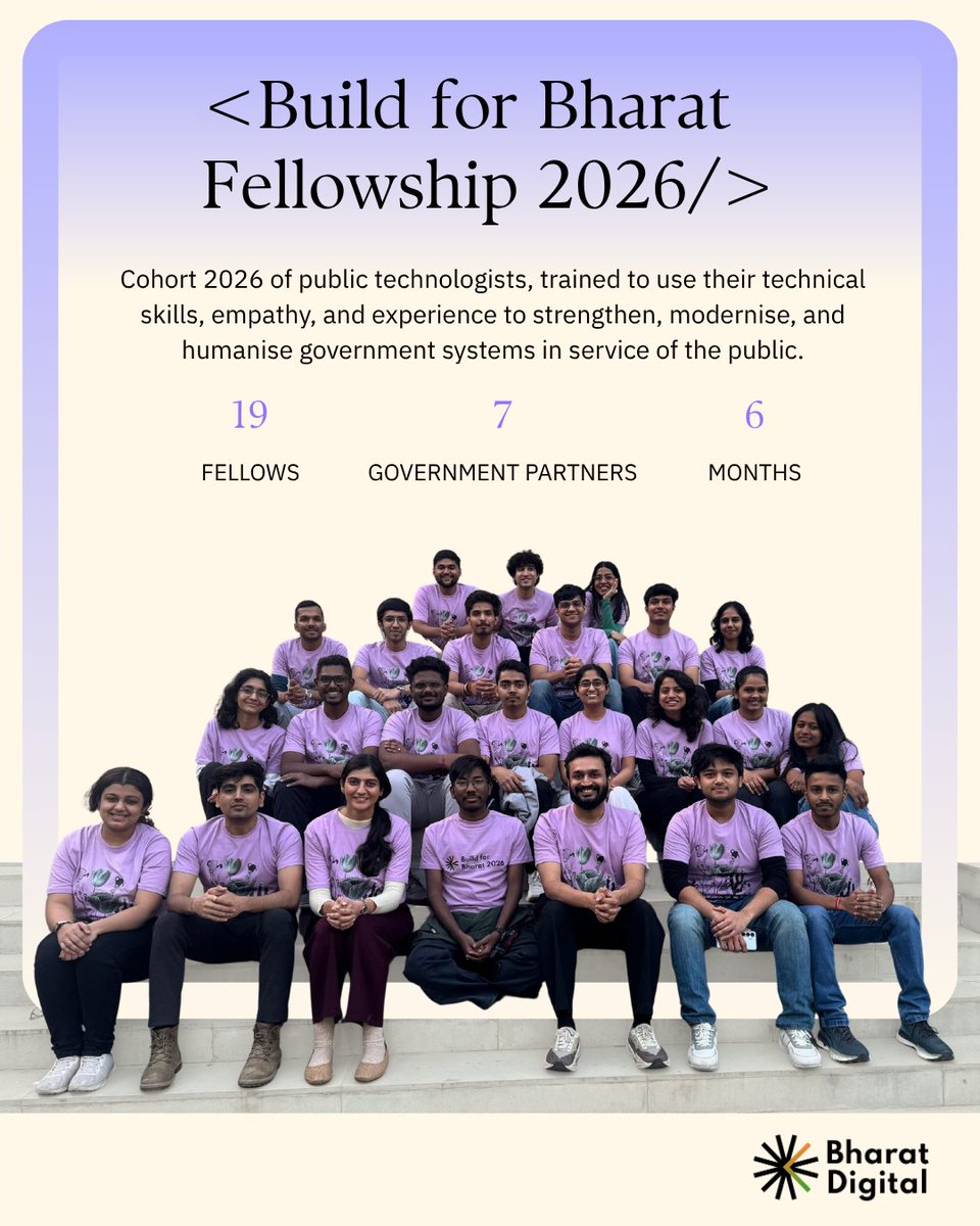 Bharat_Digital_'s tweet photo. The inner workings of government seem absurd. How do they look from up close? 19 Build for Bharat fellows found out.

They built, redesigned, mapped and shipped across 7 government partners, learning what it takes to strengthen &amp; modernise digital systems.

Congrats, Cohort 2026! https://t.co/yRkW2ORHlu