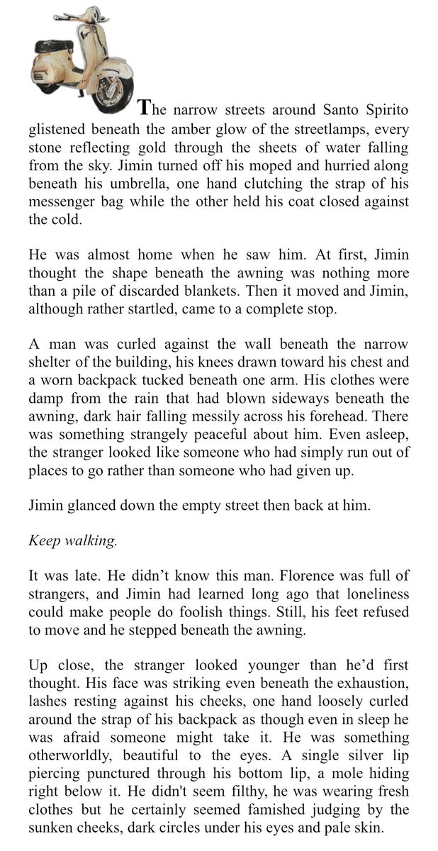9597ARCHlVES's tweet photo. #jikookfic in which💭
:: painter jm x homeless carpenter jk :: 
pjm, a successful painter moved to florence to paint beautiful things. he didn't expect to to find one sleeping beneath an awning outside his studio. what begins with a rainstorm, a spare room and an offer of temporary work slowly becomes something neither of them knows how to name.