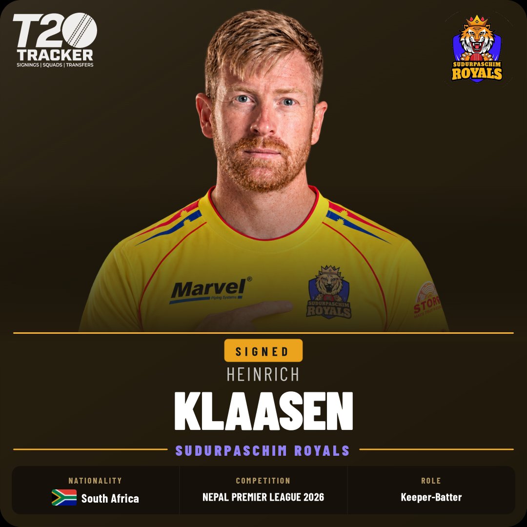 t20tracker's tweet photo. 🚨 NPL 2026 - Player Signing Alert

via @therhinosarmy : Heinrich Klaasen is set to join Sudurpaschim Royals for the upcoming NPL season.

This would be the BIGGEST signing in NPL history. https://t.co/XQZOo9c5vy