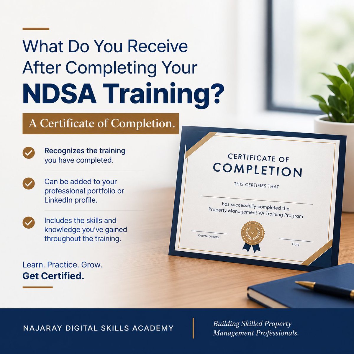 NajarayDigital's tweet photo. Complete your NDSA Property Management VA training and meet the requirements to receive a Certificate of Completion.

Next cohort: Sept 26.

50% off: ₦25,000 instead of ₦50,000. Discount ends Sept 25. https://t.co/VKcD4evBx8