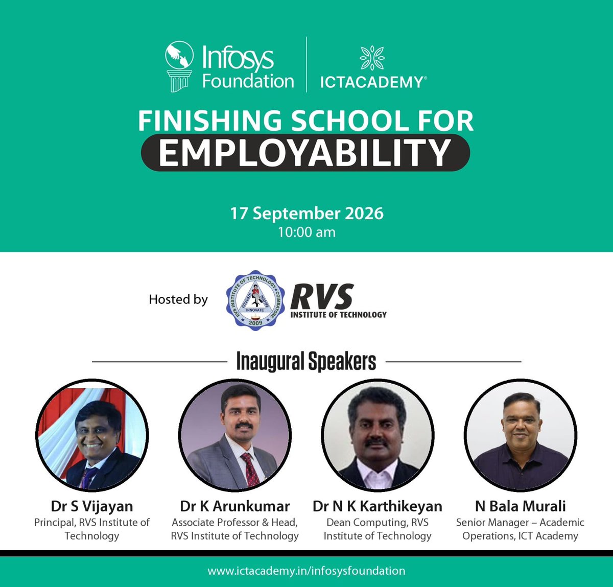 CoimbatoreRvs's tweet photo. 📢 ICT Academy – Infosys Foundation
Finishing School for Employability – Inauguration
📅 17.09.2026 | ⏰ 10:00 AM
📍 Seminar Hall
🏫 Department of CSE, RVS Institute of Technology
All are invited to attend the programme.
#RVSInstituteOfTechnology #ICTAcademy #InfosysFoundation https://t.co/46IA7DKmGS