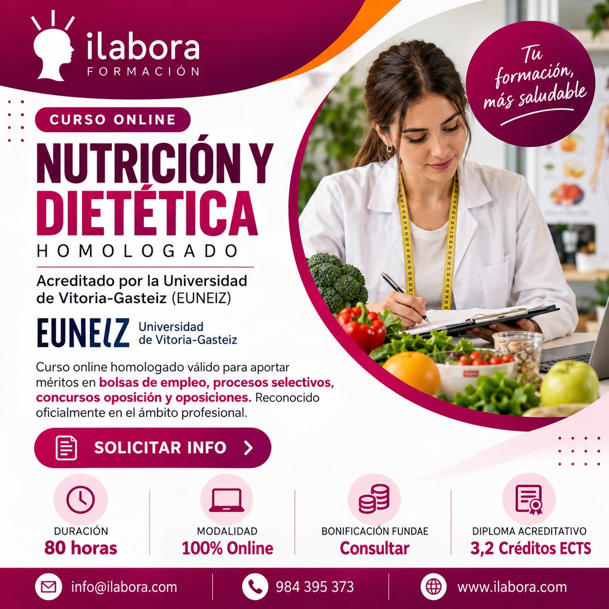 iLabora's tweet photo. Lleva más lejos tus conocimientos en Nutrición y Dietética con formación especializada.
https://t.co/OIlSygXNVU https://t.co/nmCPtXiodh