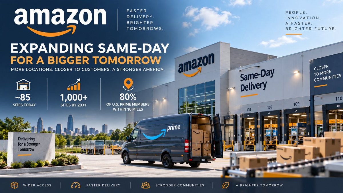robinb0707's tweet photo. $AMZN | Amazon Plans Major Same-Day Expansion
Amazon’s “Project Mercury” could expand its U.S. same-day network from ~85 sites to 1,000+ by 2031, Business Insider reports. The goal: put 80% of U.S. Prime members within 10 miles of a facility.

#AMZN #Amazon #Logistics https://t.co/bCnjofeRsF