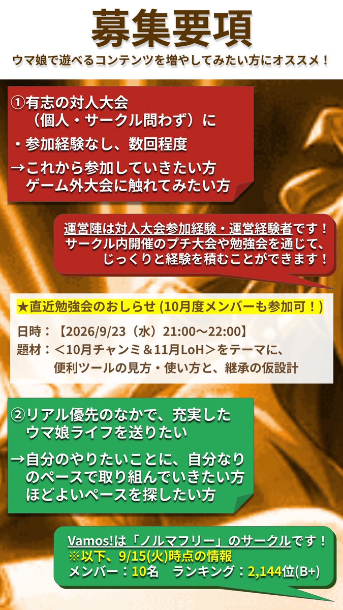 congrats_hr's tweet photo. 【ウマ娘サークル「Vamos!」１０月度の募集案内】

DMにてご希望連絡いただくか、下記フォームよりご希望お申込みください🍵

📝リプライに、１０月度メンバーも参加できる９月内サークルイベントを紹介します！

▼URL
https://t.co/6ie7HArpGB

#ウマ娘 #ウマ娘サークル
#ウマ娘サークルメンバー募集 https://t.co/YqB7mDRL7V