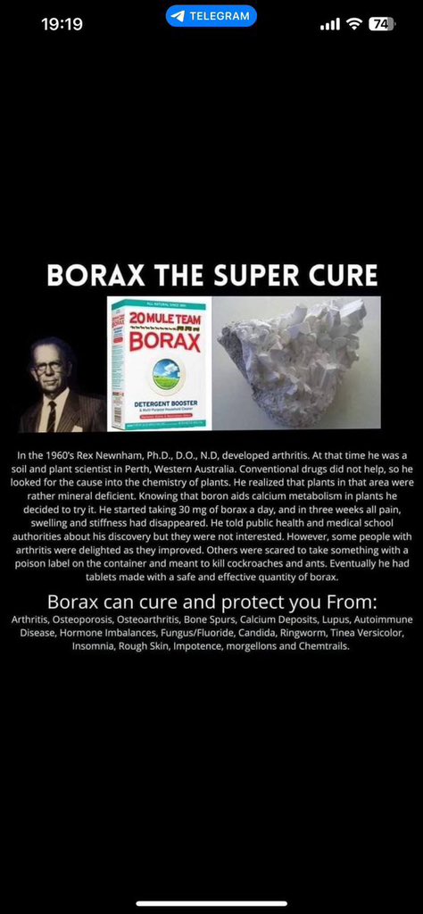PastorBobJ67896's tweet photo. 🚨🚨 BORAX ELIMINATES FLUORIDE
“Borax was quickly banned in 32 countries after it was discovered that it removes fluoride from the body.
Funny how that works….”
Borax kills fleas and ticks in your pets' outdoor areas...
🐚BORAX, THE SUPERCURE
👉🏻Arthritis
👉🏻Osteoporosis
👉🏻Osteoarthritis
👉🏻Spurs
👉🏻Calcium deposits
👉🏻Lupus
👉🏻Autoimmune
👉🏻Hormones
👉🏻Fungi/Fluoride
👉🏻Candida
👉🏻Ringworm
👉🏻Tinea versicolor
👉🏻Insomnia
👉🏻Skin
👉🏻Impotence
👉🏻Morgellons
👉🏻Chemtrails
“I've been using borax for many years. I started using it as a tool against my arthritis and later discovered it was helpful for decalcifying my pineal gland. Or at least 15 years without fluoride toothpaste or other products, and I did an 'intensive pineal cleanse' in 2012 that was a real shock to me. Borax prevents it from getting clogged again.”
🐚 INSTRUCTIONS FOR BORAX HAIR TREATMENT
👉🏻To use borax in your hair, dissolve 1 cup of borax in 1 gallon of pure water
👉🏻Store this solution in the shower
👉🏻Pour 1-2 cups of this solution over your hair (instead of shampoo), and make sure it reaches the scalp
👉🏻Let the solution sit on your scalp and hair for a few minutes, then rinse
👉🏻If you find that the borax method dries out your hair, take a small amount of coconut oil and massage it into your hair. You may not have to use the borax solution more than once or twice a week
“I've been taking borax, 1/8 teaspoon for 3 days straight and 2 days off, for 2 years now. The arthritis is gone, my gums are somehow healthier and stronger for some reason, no knee pain, skin is clear: I look much younger. I also add a cup or two to a hot bath at least once a week. No more aches and pains!”
🐚DR. KAYALI, BORAX EXPERT AND DOCTOR, SUGGESTS
👉🏻Twice a day, 1/2 teaspoon diluted in warm water; you can add cold water on top and some lemon for flavor
👉🏻For people with cancer, make a paste: 1 teaspoon of borax, 1 teaspoon of honey, twice a day
👉🏻Your body is detoxifying, so you might experience some skin itching; if you want, you can start with 1/4 teaspoon a day and gradually increase
👉🏻The more detoxification effect you have, the more your body needs it.
“Borax is even better than baking soda to use.
I started drinking my distilled water with 1/2 teaspoon of borax per gallon of water; now I'm adding more.
Borax: read the article 'the borax conspiracy', very enlightening.
Cleans your pineal of heavy metals and the rest of your body.
Extracts calcium from soft tissues and other inappropriate places when taken with magnesium, and then returns it to your bones where it belongs.
Borax is also effective against other fungi and can eliminate candida from the body.
Reverses arthritis over time. I know because my constant back and hip pain is gone now. My hands are no longer swollen at every joint.
I've also lost 10 pounds of toxic fluid and fat around my abdominal area, and I didn't do anything else but switch to adding 1/2 teaspoon of borax to all the water I drink.”
🟪DETOX BATH
👉🏻1 cup of baking soda
👉🏻1 cup of Epsom salt
👉🏻1 cup of borax
👉🏻1 cup of Himalayan salt
👉🏻mineral salt or sea salt
👉🏻Soak for as long as you can