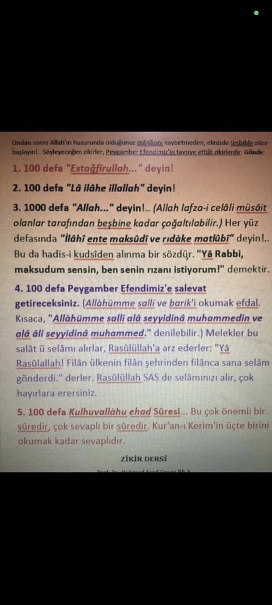 SahAkra1's tweet photo. "Nakşibendi Tarikatı'nın büyüklerinden öğrenmiş olduğun virdini aksatmamalısın. Bu büyüklerin yolunda, seyrü sülûkte en son elde edilecek makamın zevki ilk basamakta yaşatılır.”
İmam-ı Rabbani (k.s.)

Zikrini çekmeyen insan güçlü olamıyor.Önce İnsan zikrini çekecek güçlü olacak kuvvetli olacak ki ‘dini mubîni islam’a’ hizmet etsin.
Sultan Şeyh Seyyid Muhammed Sâqî ElHüseyni (k.s.)

VİRDİNİZİ ÇEKMEZSENİZ YÜZ SENE DE HİZMET ETSENİZ İŞE YARAMAZ.
ŞEYH SEYYİD ABDULBAKİ ELHÜSEYNİ (KS)

VİRDİNİ ÇEKMEYEN, DERDİNİ ÇEKER!..
VİRDİNİ ÇEK Kİ NEFSİNDE GÜL AÇSIN!.

"Virdini çekemeyen mürid, bu yoldan uzaklaşmış sayılmaz. Ancak zikirle gelecek faydaları kaçırmış olur. Vird, nefsin terbiyesinde ve kalbin temizlenmesinde en başta gelen bir ameldir. Virdi olmayanın vâridi/manevi hâli ve feyzi olmaz denmiştir. Vird olmadan, gerçek müridlik yapılmış olmaz."
Sultan Seyyid Muhammed Saki (K.S.)

Peygamber (sas) Efendimizin günlük zikretmemizi tavsiye ettiği zikirler. Allah’ın izniyle ve yardımıyla, günlük müsait olunca 45 dakikamızı ayırarak zikredelim. Rabbim, hergün zikredebilmeyi nasip eyleyiniz. Amin. 🤲

Kimin virdi varsa Allah Tealâ ona semadan inayet, rahmet, bereket ve mağfiret yağdırır.

Ondan sonra Allah'ın huzurunda olduğunuz manasını kaybetmeden, elinizde tesbible zire başlayın! Zikirler, Peygamberimizin (sas) tavsiye ettiğidir..