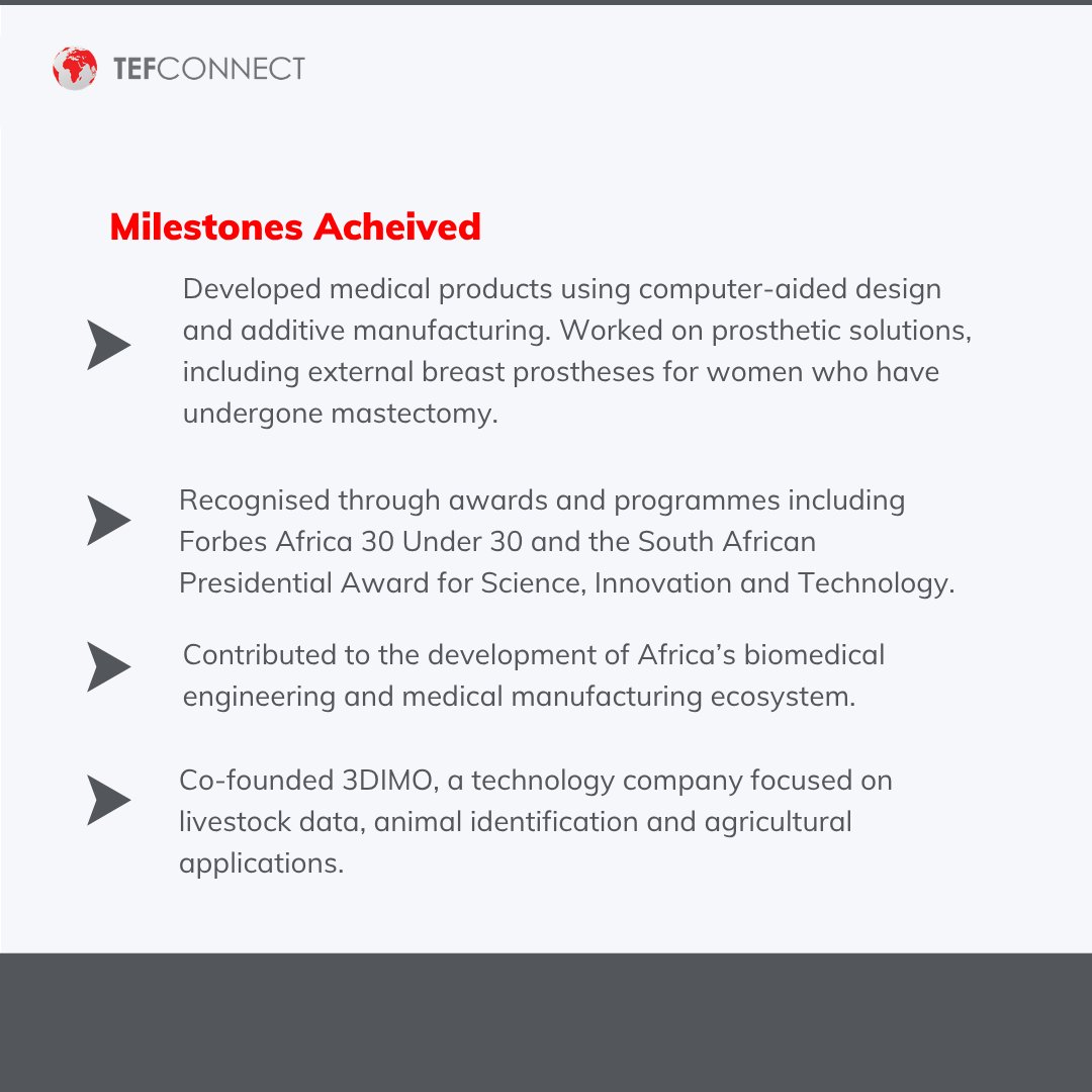TefConnect's tweet photo. Medical technology should not only be developed for Africa. It should also be developed within Africa, with African patients in mind.

Nneile Nkholise, Founder of iMed Tech, is using biomedical engineering and advanced manufacturing to develop locally relevant medical solutions. https://t.co/K98RjpO6os