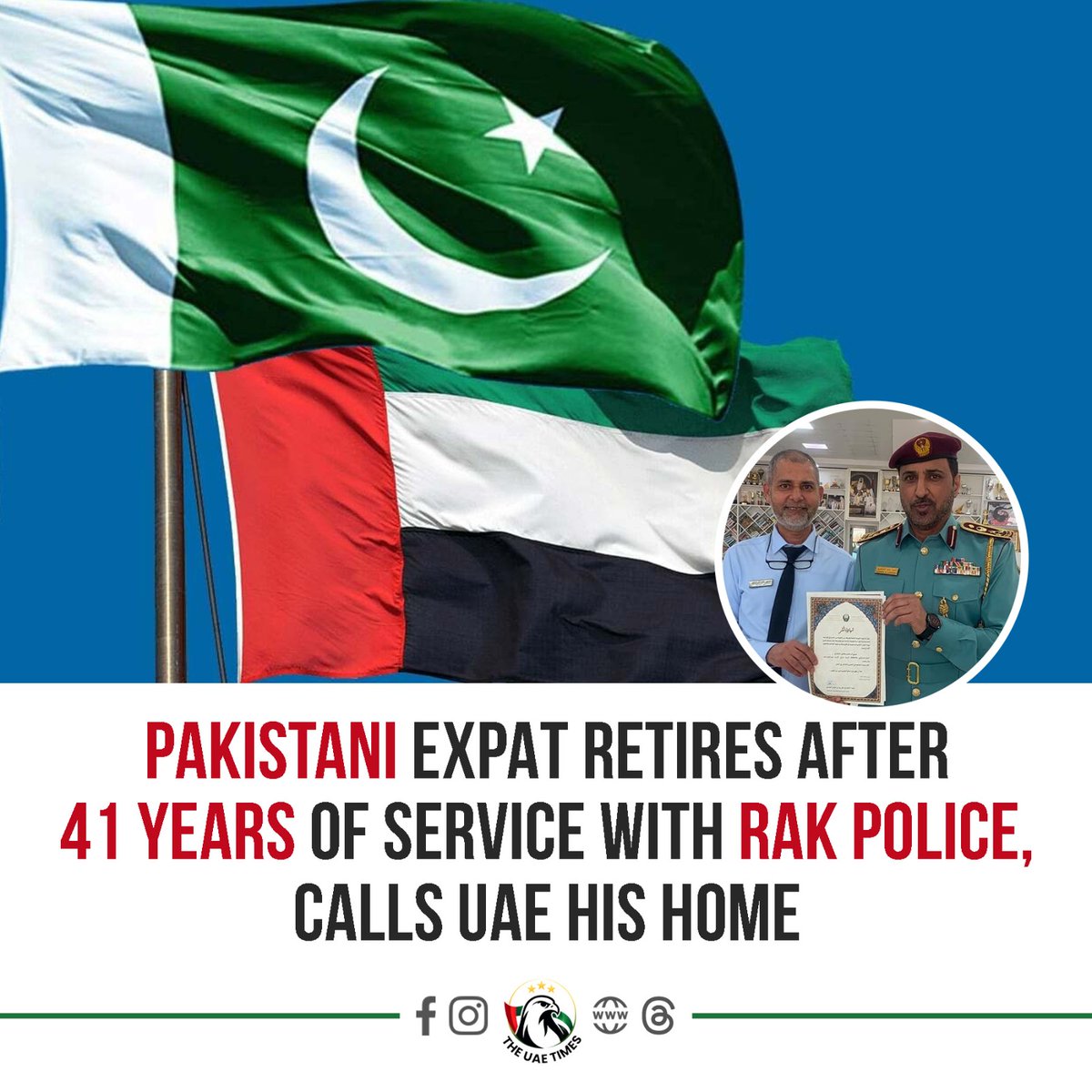 theuaetimes's tweet photo. From arriving in the UAE at just 19 to completing 41 years with Ras Al Khaimah Police, Pakistani national Muneer Hussein Muneer is beginning a new chapter at age 60. He joined the Ministry of Interior in 1986 and dedicated his career to the force, earning multiple service honours and serving through decades of transformation.

Muneer says the UAE became his home, where he built his career, raised his family and created lifelong memories. 

Even after retirement, he plans to remain in Ras Al Khaimah and start a business, continuing his life in the emirate he has called home for more than four decades.