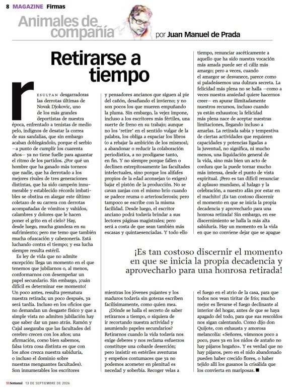 Agencia_FARO's tweet photo. Juan Manuel de Prada: «Retirarnos cuando la vida todavía nos exige deberes y nos reclama esfuerzos constituye una cobarde deserción; pero insistir en estériles aventuras y empeños contumaces que ya no podemos acometer en plenitud es necedad y soberbia».

https://t.co/nKWdFuzTgy https://t.co/aggT5uaa7R
