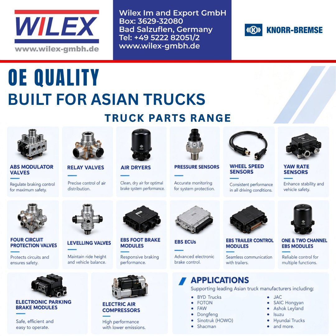 WilexGmbH's tweet photo. Asian trucks are winning fleets with one big advantage, affordability. Keeping that advantage on the road means having the right parts. Wilex partners with Knorr-Bremse to bring you OE-quality braking and commercial vehicle parts built for the demands of Asian trucks.
@Alfayaz11 https://t.co/t3sqYZumVW