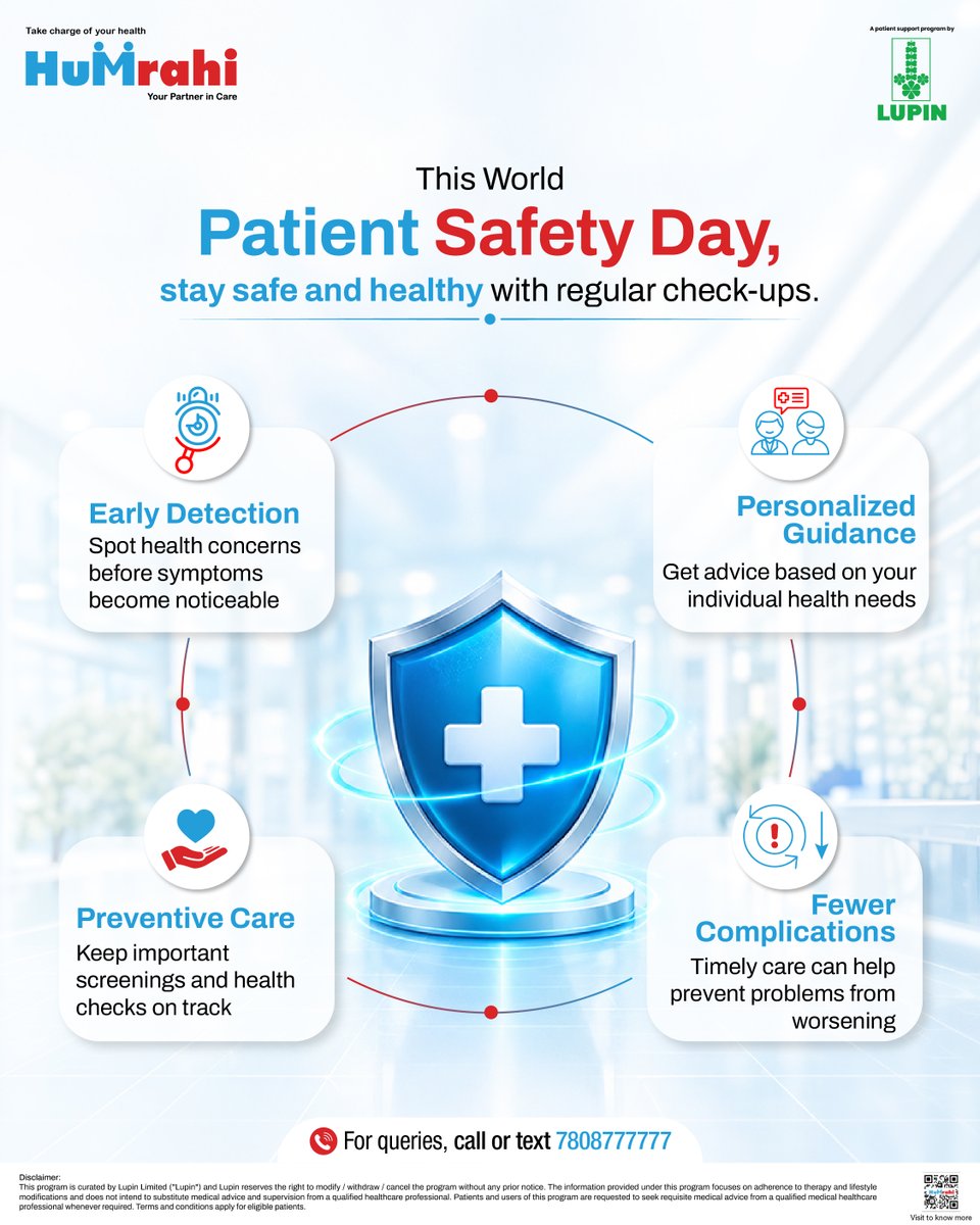 HumrahiCare's tweet photo. When did you last check in on your health?
Regular check-ups help spot concerns early and keep preventive care on track.

This #WorldPatientSafetyDay, make your next health check count, with Humrahi, your partner in care.🤝

🔗Link in bio
📞7808777777

#Humrahi #LupinCare https://t.co/0D1iM4cawg