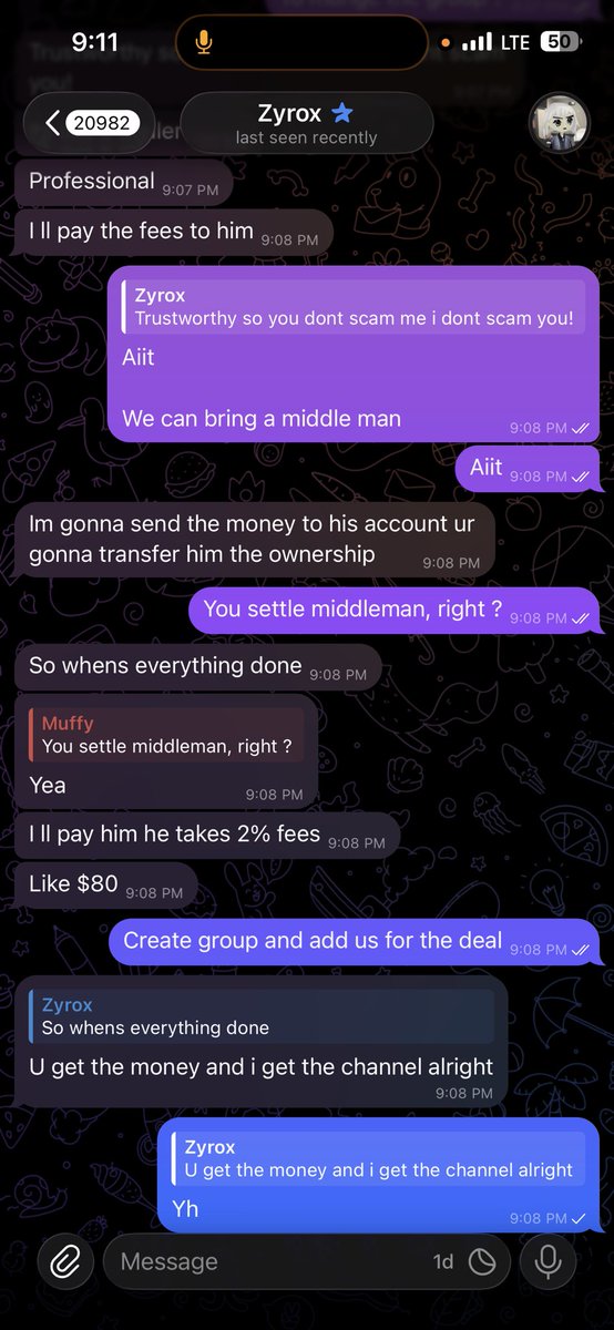 kryptnitan's tweet photo. EXPOSING SCAMMER @Zyrox0x ‼️

so this happened to me and I need to talk about it because I’m still kind of in disbelief tbh

So on 15th SEP @Zyrox0x hit me up about a meme coin he’s launching on the 17th. said he needed promo, real active audience. I’ve got a channel that fits, so we talked and agreed, I push the coin, he gives me 50% of profit after launch. cool, normal deal.

then halfway through he switches it up. says he actually wants to buy the channel outright. loves how active it is. first offer 10 SOL, we go back and forth, land on 35 SOL + access to his inner circle (worth another 10). fine, deal’s a deal.

then comes escrow. he says since he’s the buyer it’s safer if HE brings the escrow. and ngl I didn’t even question it much because bro’s account is way bigger than mine, way more rep, why would I think he’s out here trying to scam someone smaller
he brings in a second telegram account, says this guy charges 2% per deal for escrow services, totally normal sounding. acted like a completely separate person too, so I had zero red flags going off
I send my payment to “escrow.” then I hand over the channel ownership, waiting for my money to come through after confirmation like it’s supposed to
and then… nothing. he removes me from the deal chat. removes me from MY OWN channel. blocks me everywhere. and then has the audacity to go on X saying there’s nothing I can do about it lol

Video and screenshots below, full convo, everything. don’t need to say more, it’s all there
oh and yeah he’s still planning to launch that coin on the 17th like nothing happened. you can imagine how that’s gonna go

I’m not posting this for pity, I’m posting it so the next person doesn’t fall for the fake escrow / fake persona combo. this space is already hard enough to trust, people like this make it worse
new channel coming soon. be careful out there, watch who you deal with.

Stay safu❤️