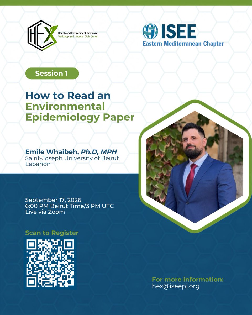isee_emc's tweet photo. Our first HEX session is TOMORROW!

Dr. @Emile_Wh will be leading the session from 6:00-7:00 PM Beirut time. We'll be focusing on how to read environmental epidemiology research and starting to build practical reading and critique skills we'll put to use across future sessions! https://t.co/JKHPDSRnxU