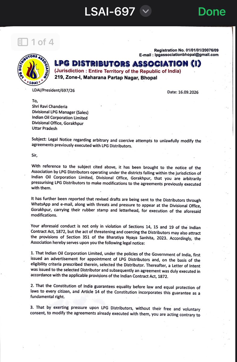 lpgdai24's tweet photo. #STOP_Forced_Illegal_Agreemnet_amendment_of_LPG_Distributors_by_IndianOil_Gorakhpur_IDO

To
Shri Ravi Chanderia
Divisional LPG Manager(Sales)
Indian Oil Corporation Limited
Divisional Office,Gorakhpur,
Uttar Pradesh

Sub: Legal Notice regarding arbitrary and coercive attempts to unlawfully modify the agreements previously executed with LPG Distributors.
Kindly refer the attached Notice.
@ioclupso2 @IoclGorakhpurdo @DirMktg_iocl @IndianOilcl @CVCIndia @NRVigilance_IOC @ChairmanIOCL @sahneyas @PetroleumMin @Secretary_MoPNG @neerajmittalias @TheSureshGopi @HardeepSPuri @OfficeofHSP @SunilTatkare @SanjayAzadSln @PrashantKishor @pmo @narendramodi @RahulGandhi @kharge @VPIndia @rashtrapatibhvn
