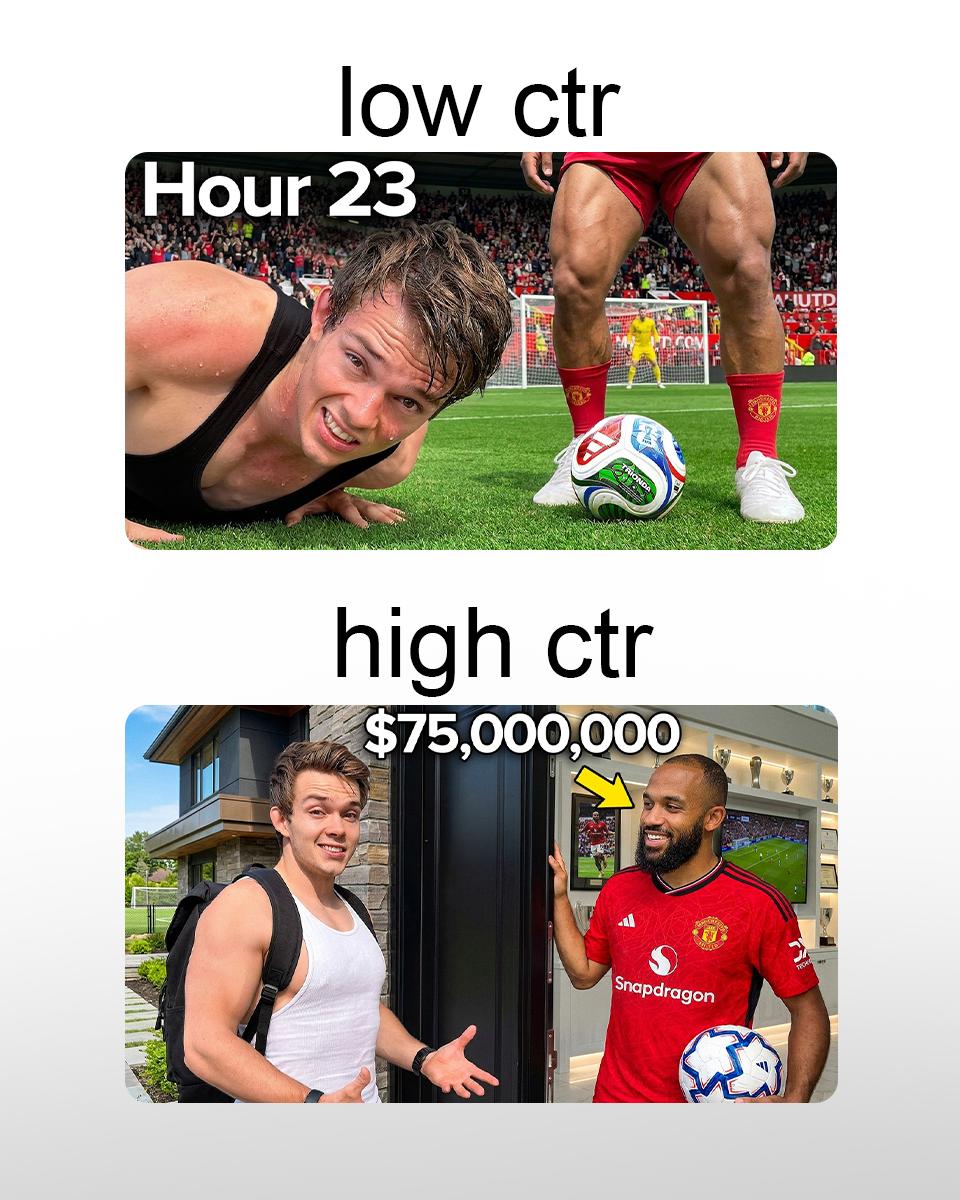 sharm_design's tweet photo. We didn't change the video topic. We changed who's in control of the frame.  Left: player in the background, guy just "near the camera." 

Right: direct eye contact + a number anchor ($75M) + a doorway pulling you inside. Result: 3.5K → 4K avg views.  

Low CTR isn't a topic problem. It's a Positioning Gap — fan vs. insider.