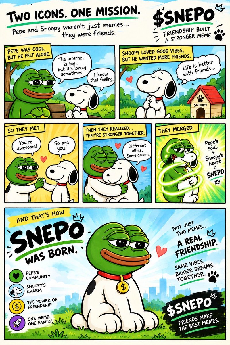 Snepocoin's tweet photo. $PEPE had the memes 
Snoopy had the heart.  

They were never supposed to meet but somehow… they did.  

Two legendary characters. 
Two complete different worlds.  
One friendship.  

$SNEPO $SOL $PUMP #100x

https://t.co/bw2oi2pyu4
https://t.co/6FsbvuE3rU https://t.co/zV5f0BKJ82