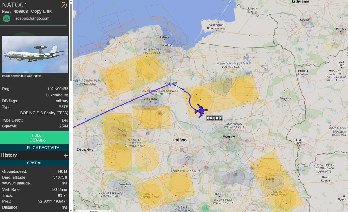 PolishMilRadar's tweet photo. 📅 16.09 🕓 13:12LT - ✈️📡 AWACS w rejonie PL2
W Rejonie Wykonywania Misji AWACS "PL2" operowanie rozpoczyna ✈️ #NATO01 Boeing E-3A Sentry "LX-N90453" NATO Airborne Early Warning & Control Force, który wystartował z Bazy Lotniczej Geilenkirchen #ETNG 🇩🇪
🔗https://t.co/oXxD2utU3A
#POLMILRADAR