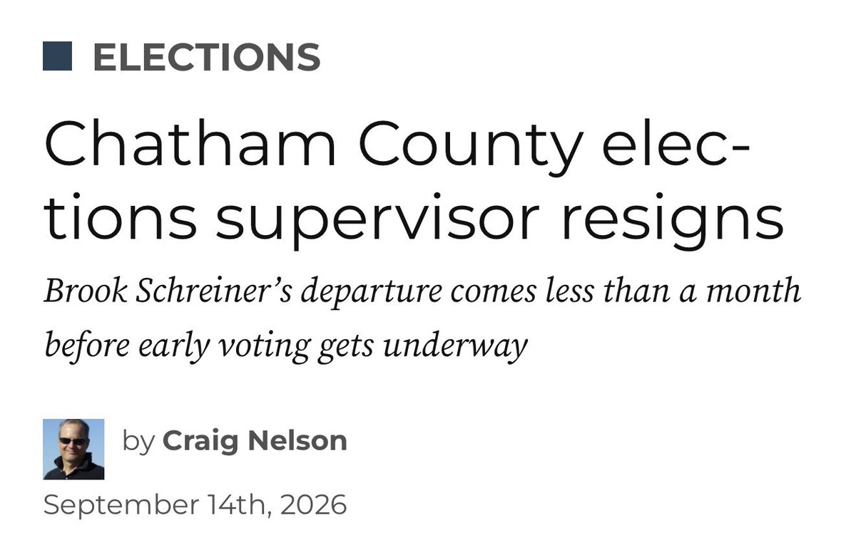 HollyKesler's tweet photo. Whoa!! That was quick! 🫪
Chatham County’s elections supervisor just quit after only six months — and less than a week before early voting starts for the midterms.

Brook Schreiner, the first woman to hold the job, resigned Monday. Her last day was Tuesday. Her predecessor is already being brought back to take over.
She said the board never even sat down with her to tell her what they expected. Then she also said her “aggressiveness” at addressing “wrongdoing” faced resistance from the board and county officials.

Her words: when she saw something that wasn’t right, she wasn’t looking at it politically — she was looking at the voter. And she got backlash for saying so.
Six months. Right before a major election. Predecessor rushed back in.

Read it here: https://t.co/HbIMTD3Zm9