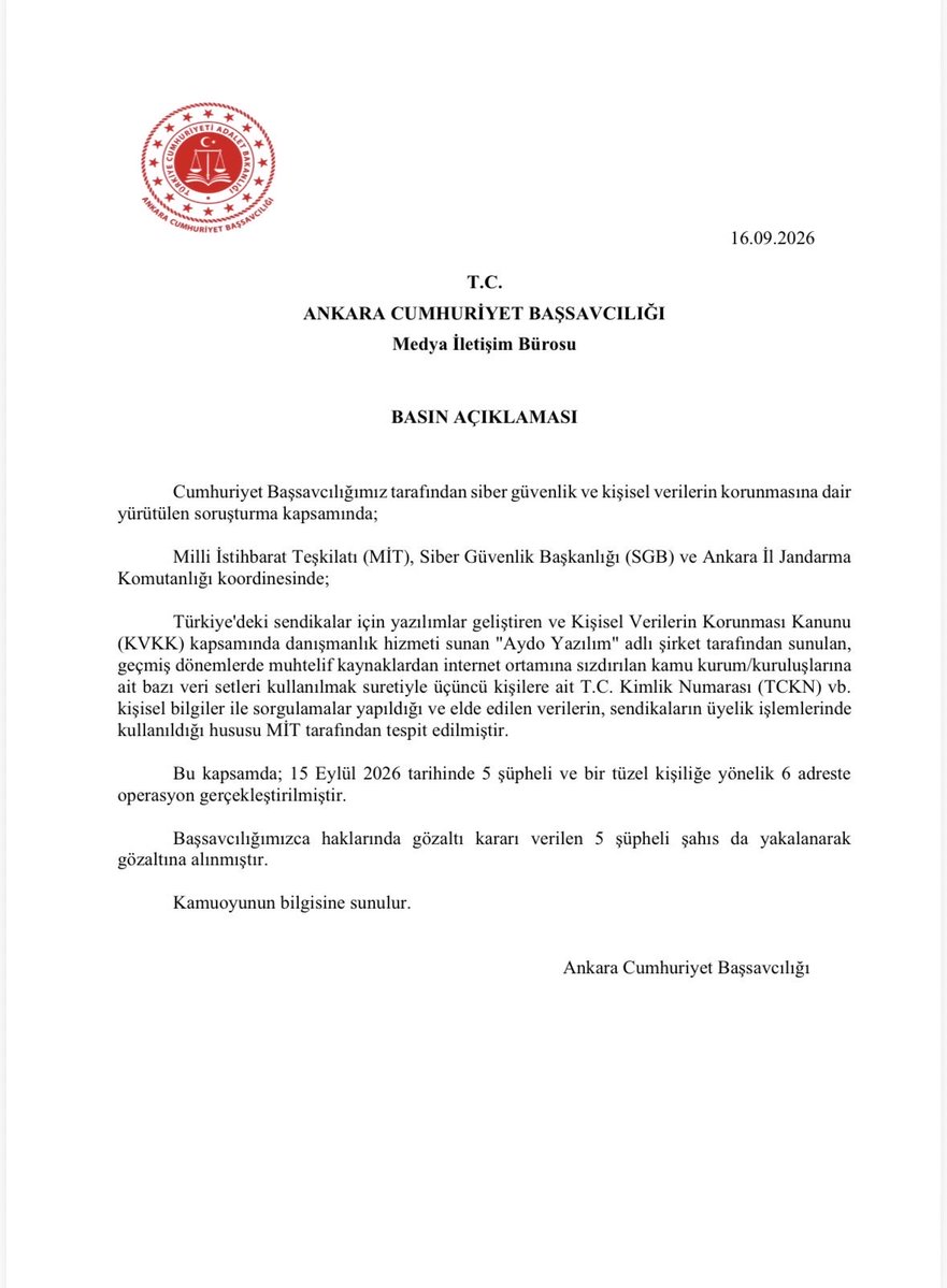avhakanerkec's tweet photo. Ankara Cumhuriyet Başsavcılığından sendika yazılımlarına yasa dışı sorgu arayüzü eklendiği gerekçesiyle operasyon yapılan yazılım şirketine dair açıklama;

"Elde edilen verilerin, sendikaların üyelik işlemlerinde kullanıldığı hususu MİT tarafından tespit edilmiştir." https://t.co/uo9oLHrtd3