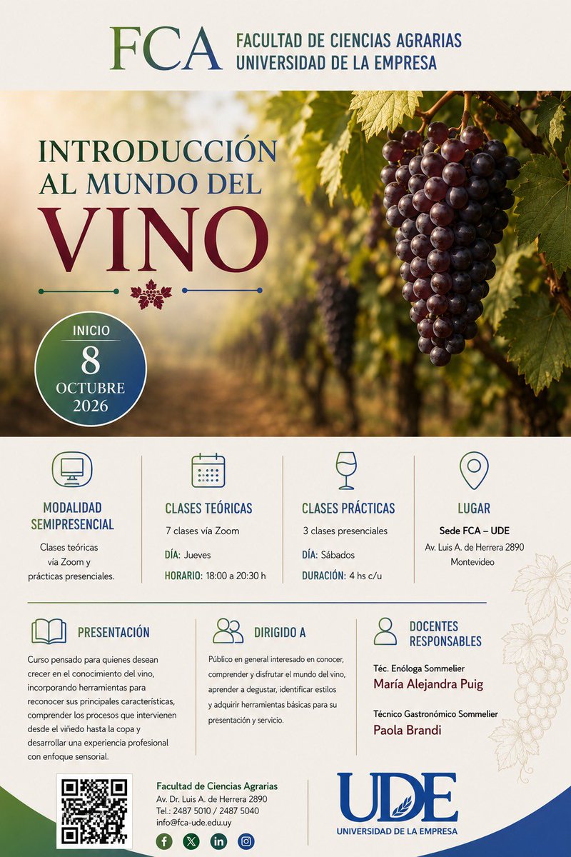 UDEPunta's tweet photo. 🍷 Introducción al Mundo del Vino 🍇
📅 Inicio: 8 de octubre
💻 Modalidad virtual para Punta del Este, Colonia, La Paloma y Ciencias Agrarias.
Aprendé a conocer, identificar y disfrutar el mundo del vino.
📩 udepunta@ude.edu.uy
#UDE #Vino #Enología https://t.co/RhYRCMMg90