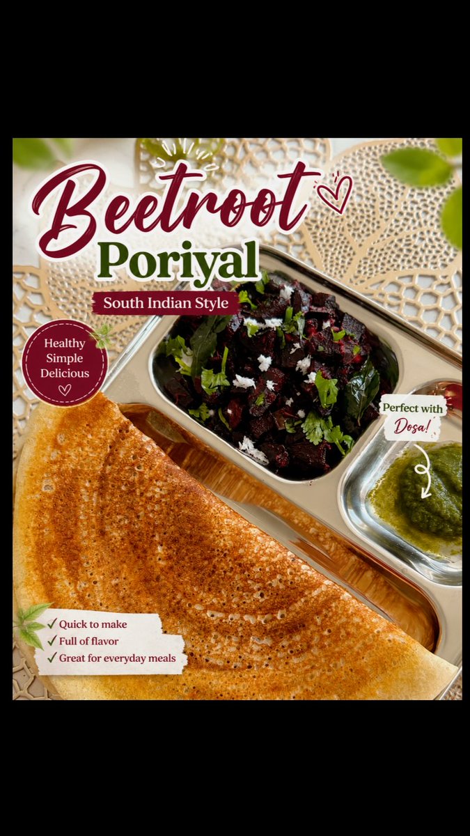 AndreaBeisser's tweet photo. Simple, colorful, and delicious South Indian breakfast. Crispy dosa, beetroot poriyal with coconut, and homemade green chutney—a comforting, flavorful homemade meal. What would you pair with your dosa: beetroot poriyal or chutney? https://t.co/ipPYX6ZpTb