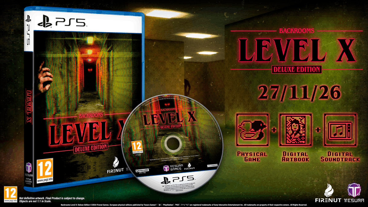 TesuraGames's tweet photo. 🚪 Backrooms Level X 🚪

Enter the unsettling world of this narrative-driven, first-person survival horror game with a Deluxe Edition for #PlayStation5 on November 27th.

Dive into the labyrinth and pre-order now!
@FirenutGames https://t.co/L5KyJfkgTZ