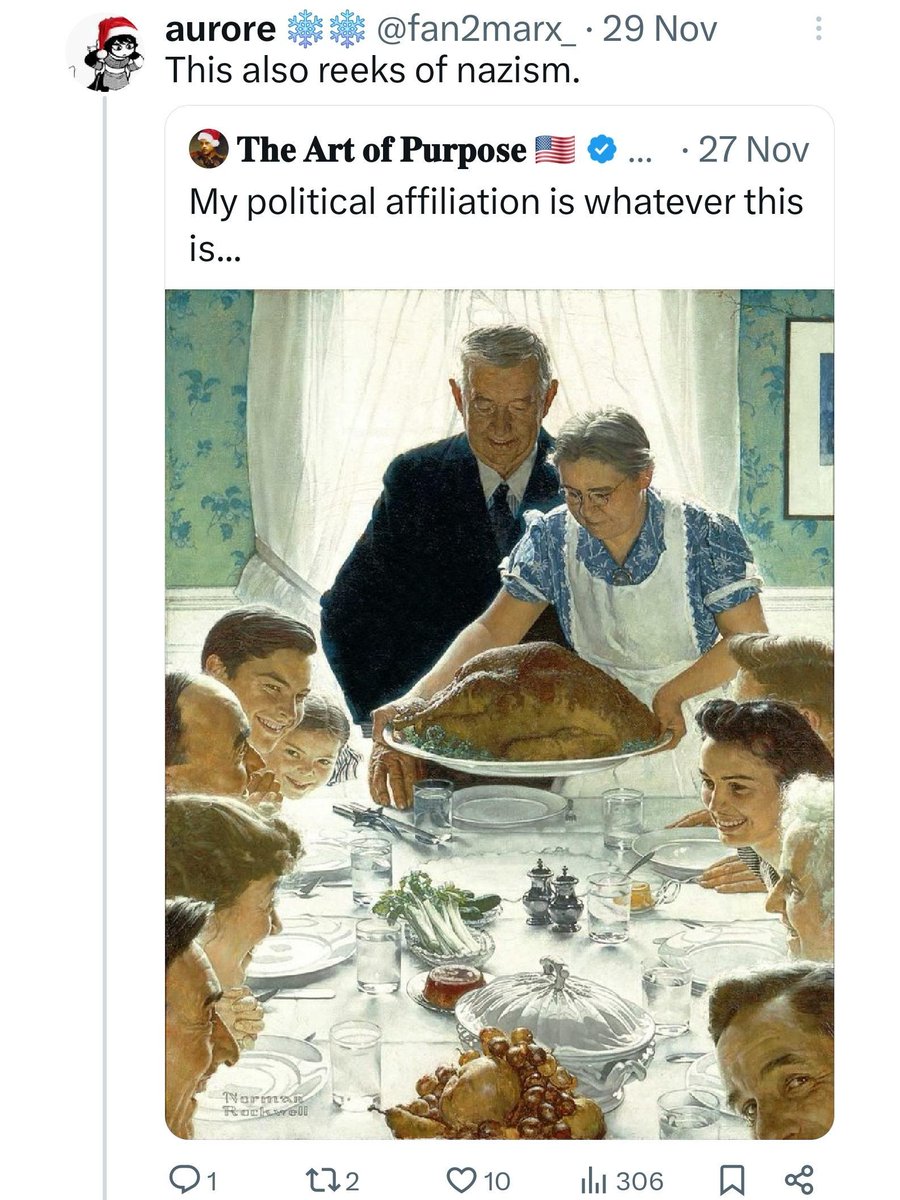 ReviewsPossum's tweet photo. Things leftists have called "acting like a Nazi":
• Holding a coffee cup with two hands.
• Liking The Lord of the Rings.
• Norman Rockwell paintings of families enjoying each other's company.
• Landscaping. https://t.co/KiyFy2G8SQ